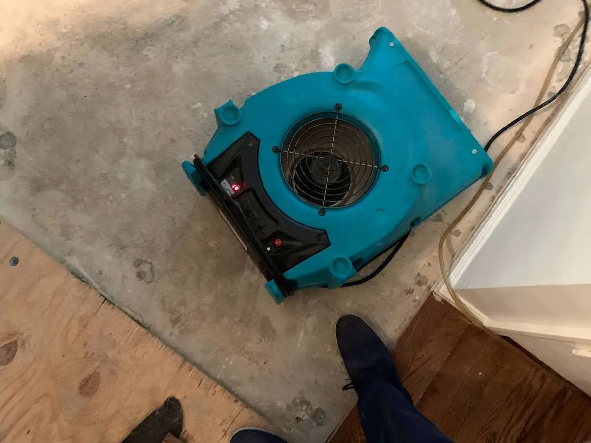 Air mover drying subfloor during Leak Detection & Repair in Powell